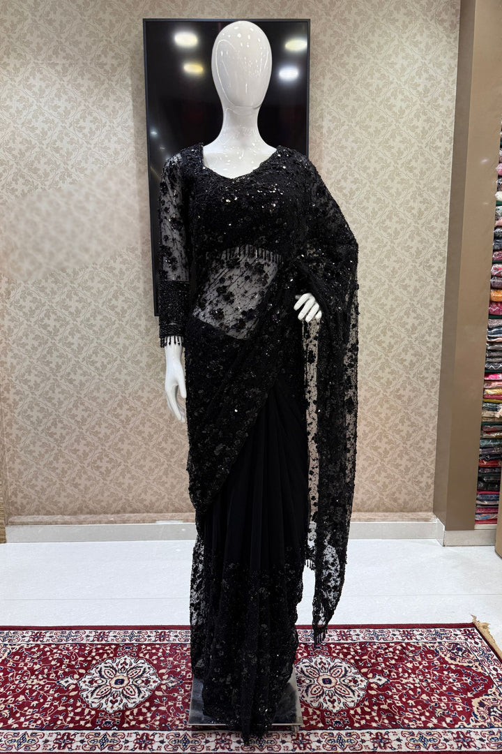 Black Beads and Sequins work Saree with Designer Blouse