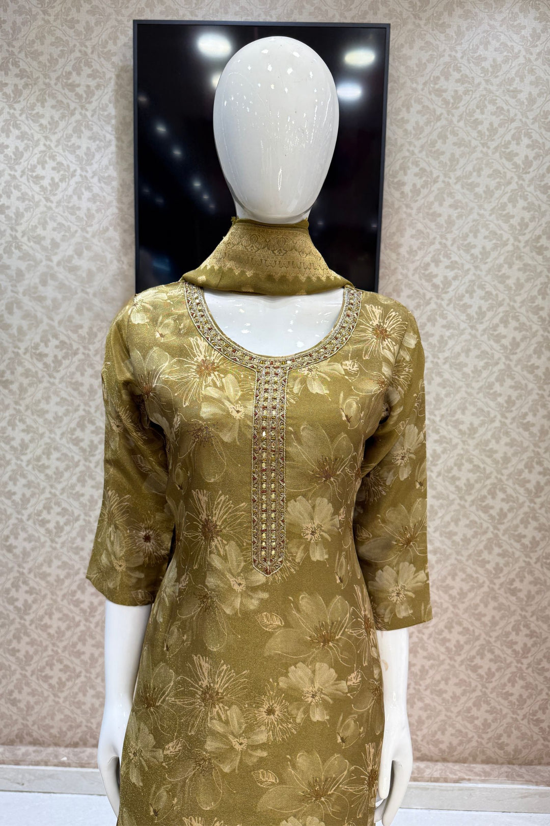 Olive Green Mirror, Zardozi and Banaras work with Floral Print Straight Cut Salwar Suit
