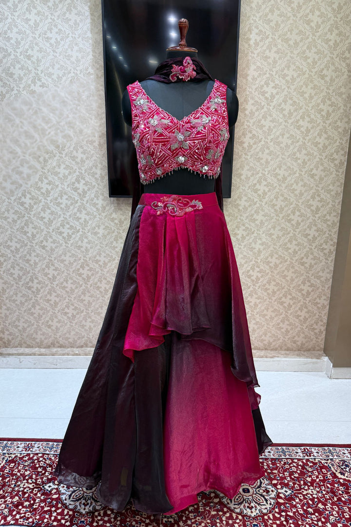 Magenta Mirror, Beads and Sequins work Crop Top Lehenga