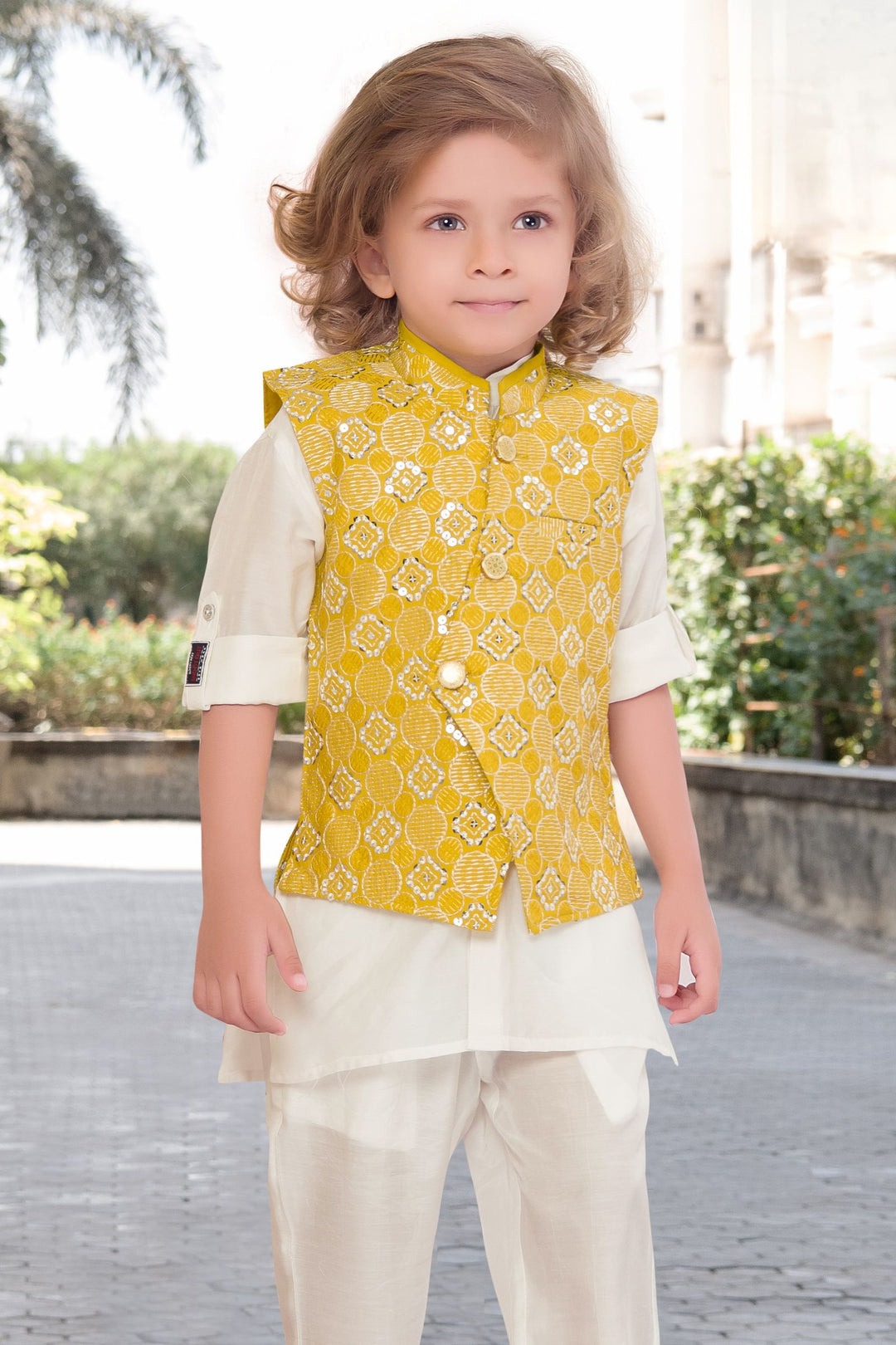 White with Yellow Thread and Sequins work Waist Coat Kurta Set for Boys