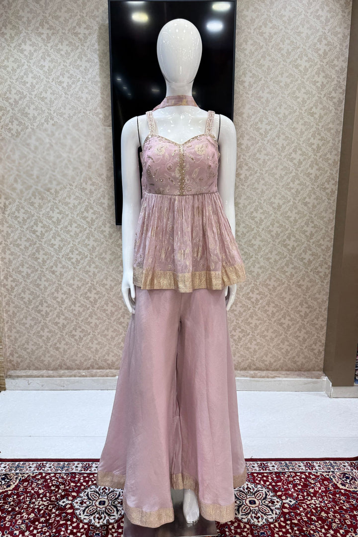 Baby Pink Banaras, Beads, Zardozi, Stone and Mirror work Peplum Top with Palazzo Suit Set