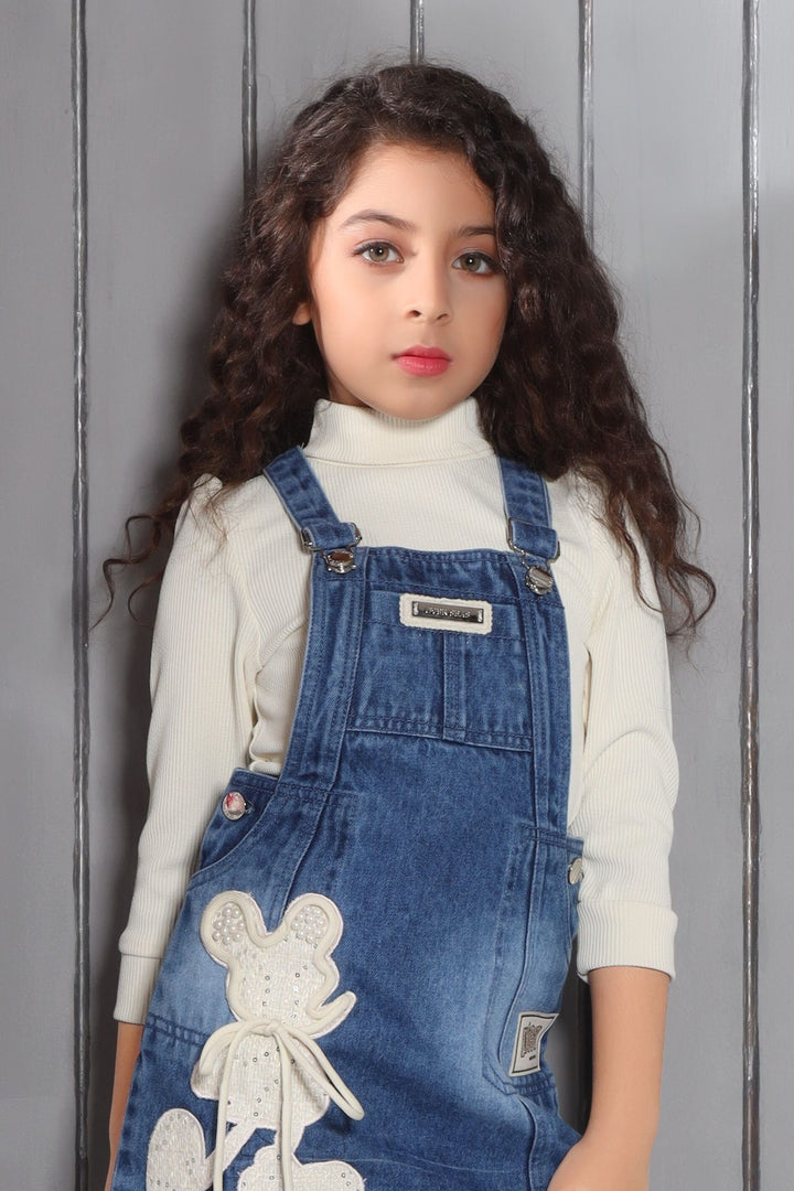 Denim Blue Dungaree with Cream Top for Girls