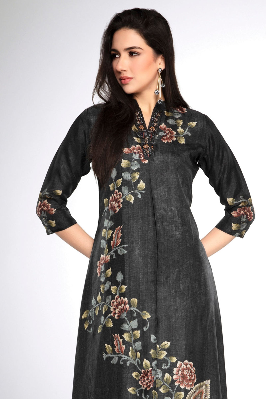 Black Zardozi, Beads, Stone and Sequins work with Floral Print A-line Cut Calf Length Kurti