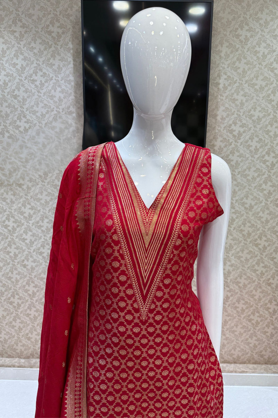 Red Banaras work V-Neck Straight Cut Salwar Suit