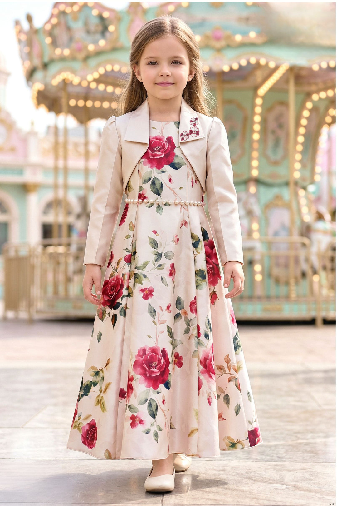 Light Beige with Floral Print Jacket Styled Long Party Gown for Girls
