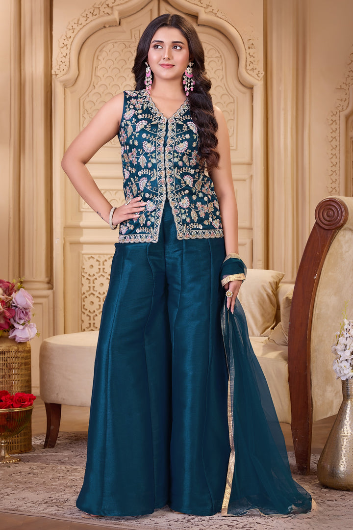 Teal Blue Multicolor Embroidery, Beads and Sequins work Palazzo Suit Set for Girls