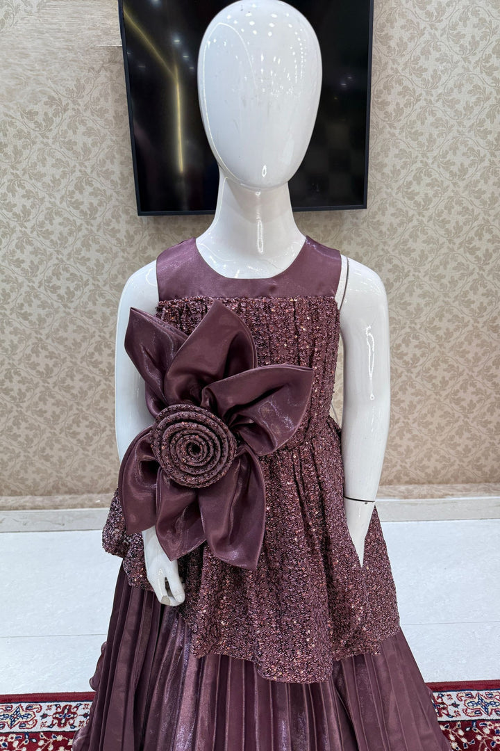 Wine Sequins and Thread work Long Party Frock for Girls