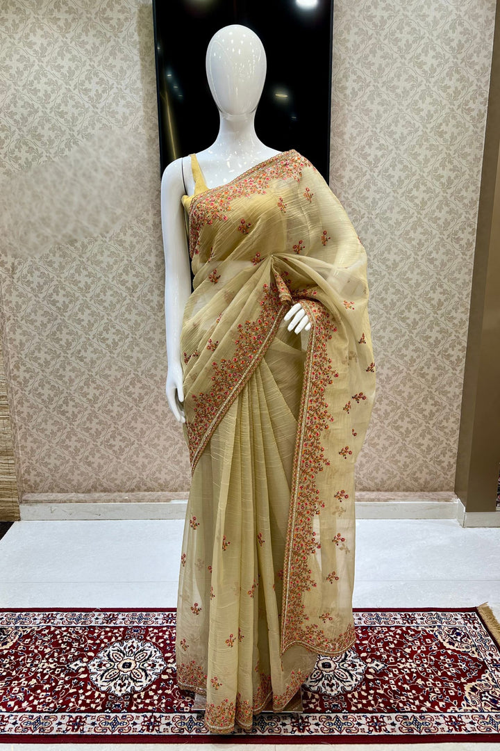 Gold Multicolor Embroidery, Sequins and Stone work Saree