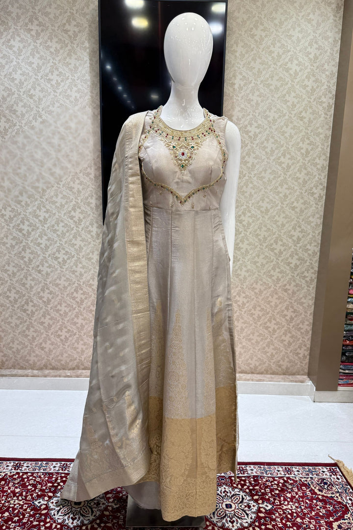 Silver Grey Zardozi, Beads and Sequins work Nyra Cut Salwar Suit with Palazzo Pant