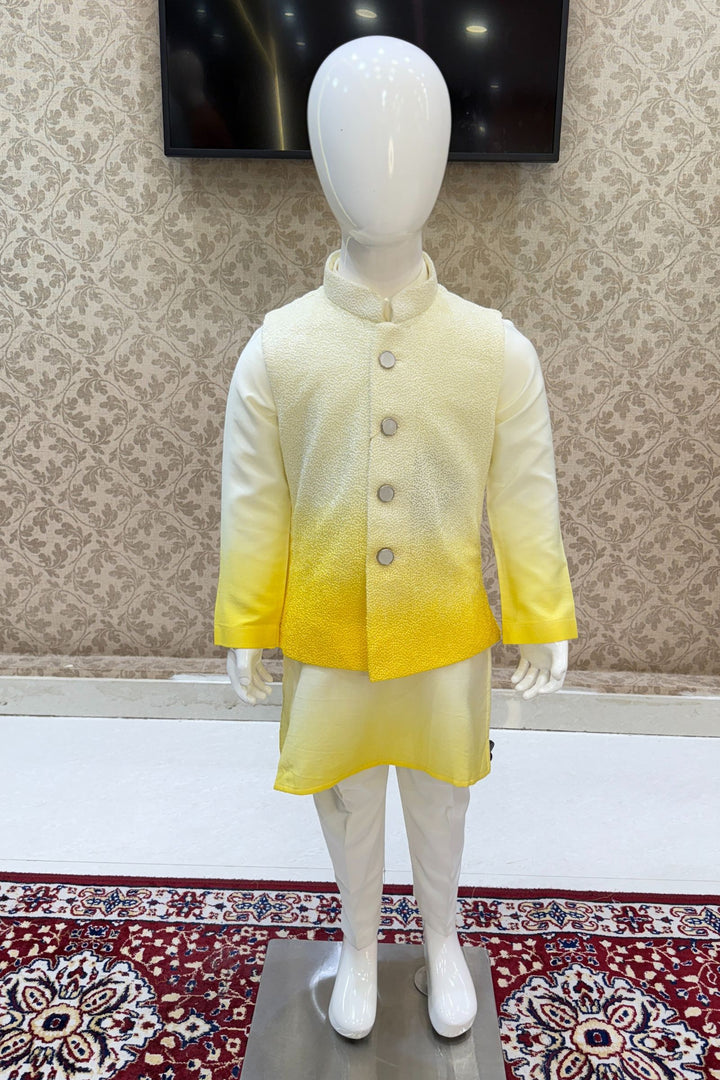 Lemon Yellow Shaded Thread and Sequins work Waist Coat Kurta Set for Boys