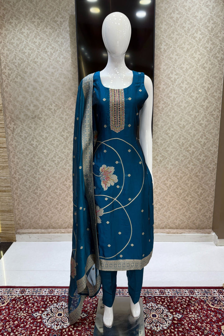 Peacock Blue Banaras, Beads and Sequins work Straight Cut Salwar Suit