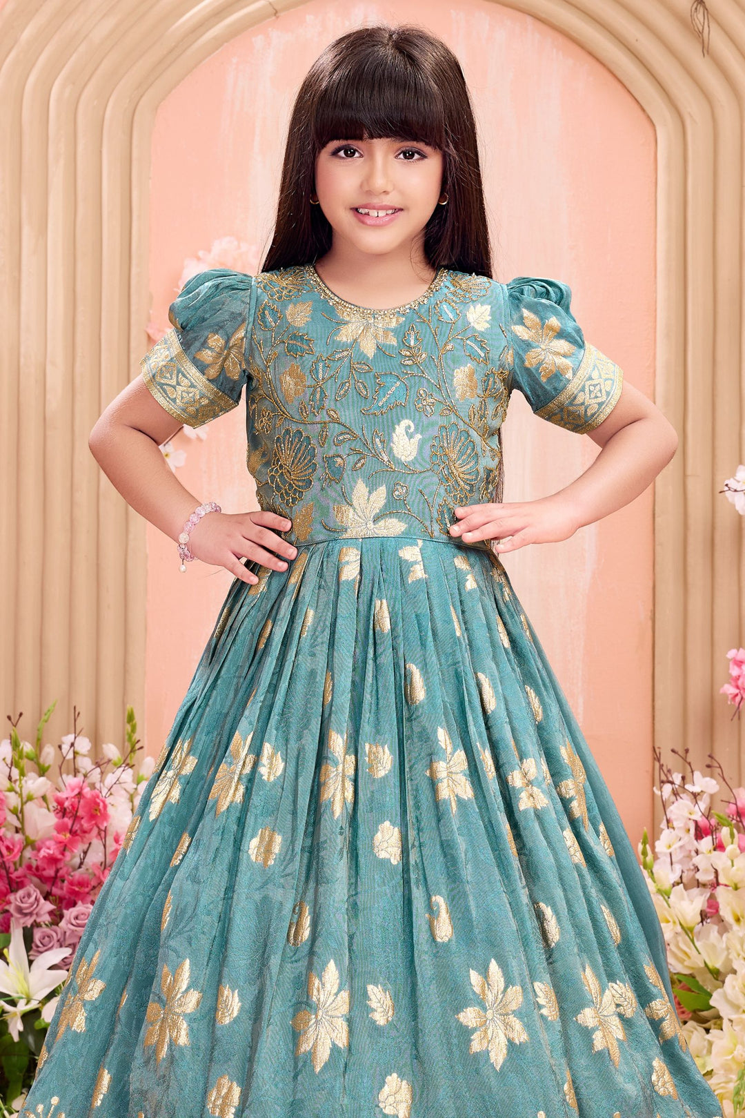 Sea Green Banaras Zari, Beads, Sequins, Stone and Zardozi work Long Party Gown for Girls