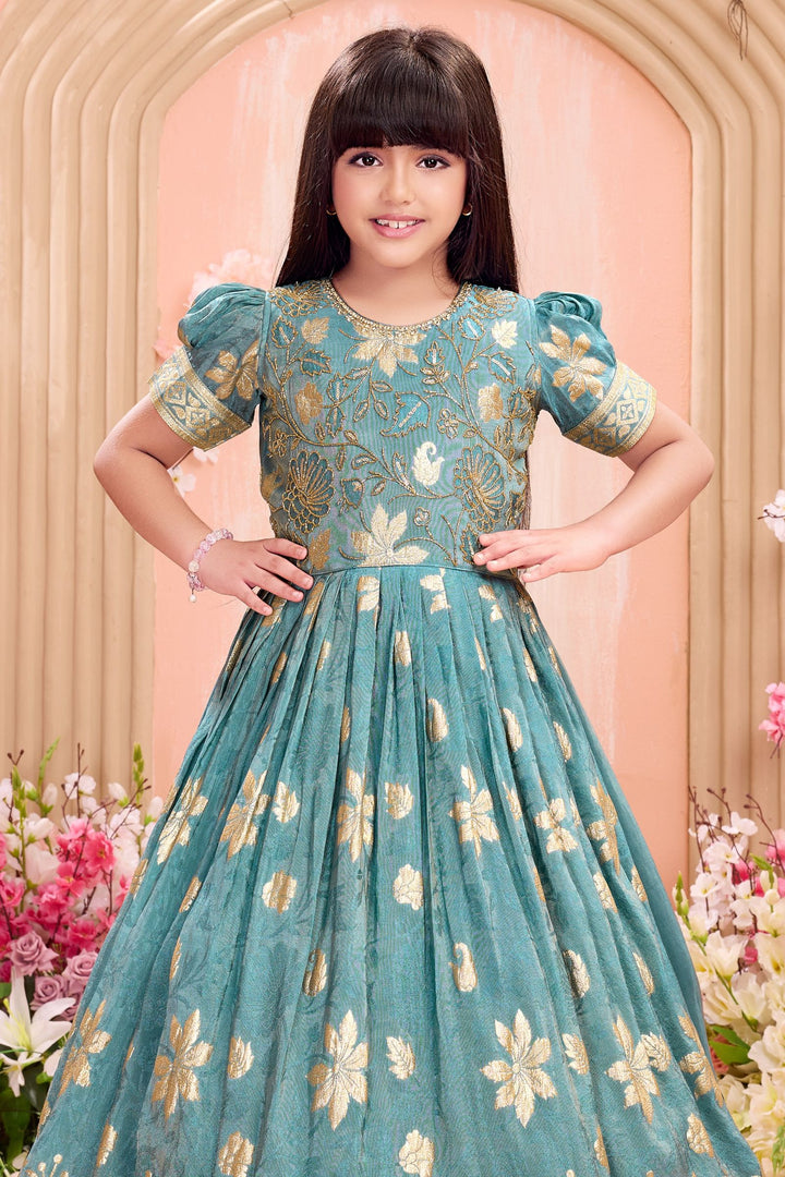 Sea Green Banaras Zari, Beads, Sequins, Stone and Zardozi work Long Party Gown for Girls