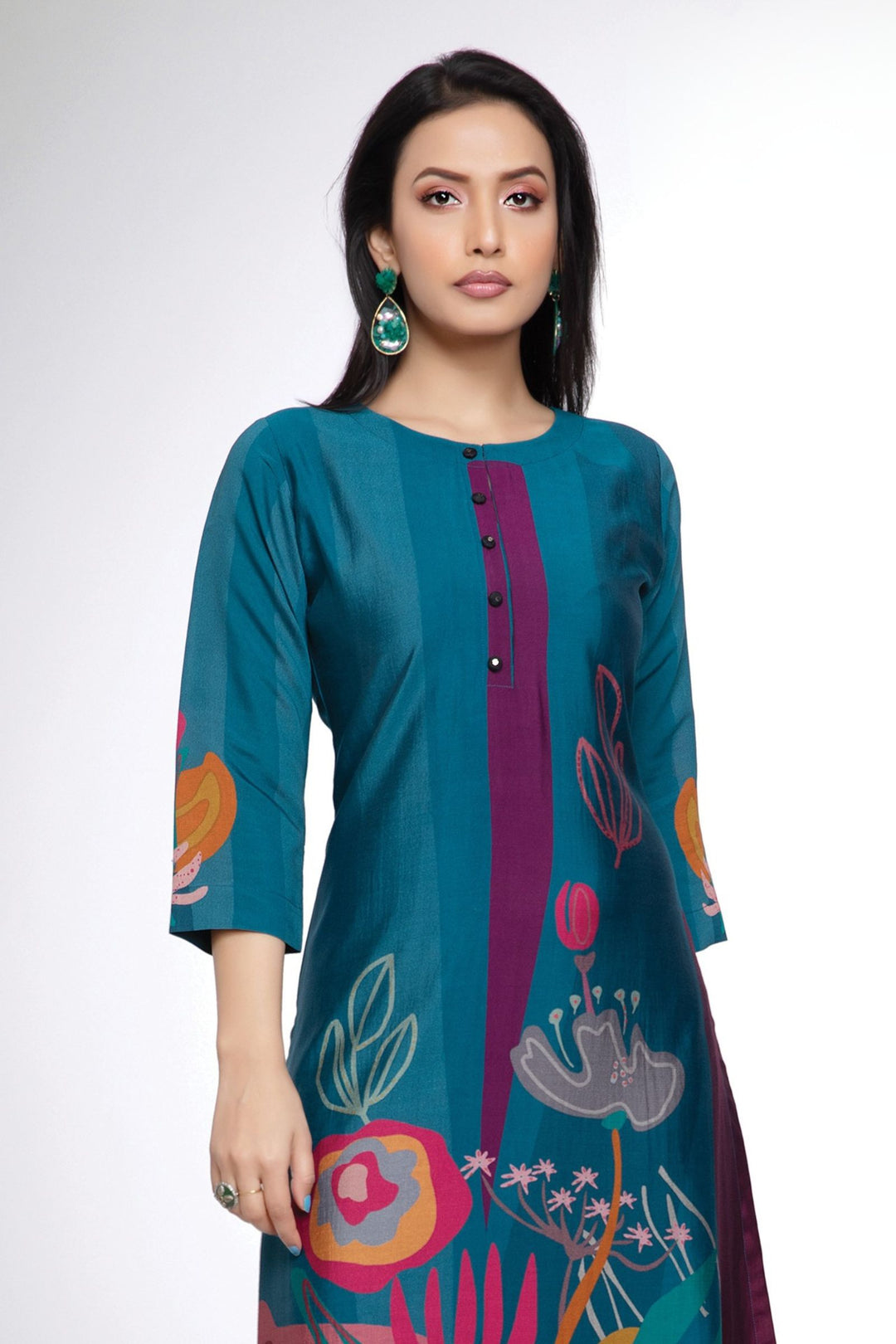 Peacock Blue Multicolor Digital Print Calf Length Kurti