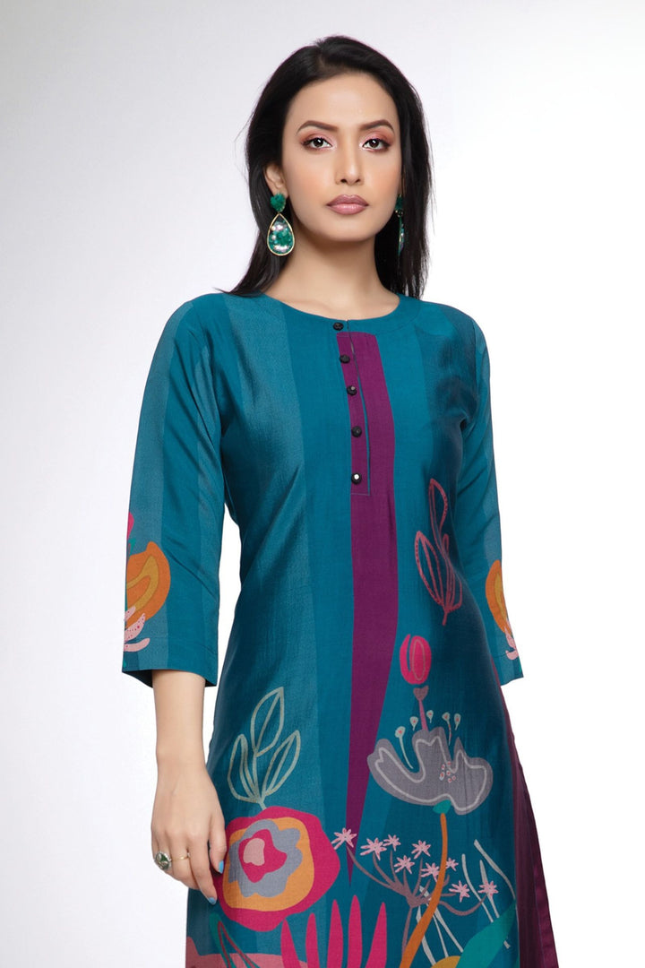Peacock Blue Multicolor Digital Print Calf Length Kurti