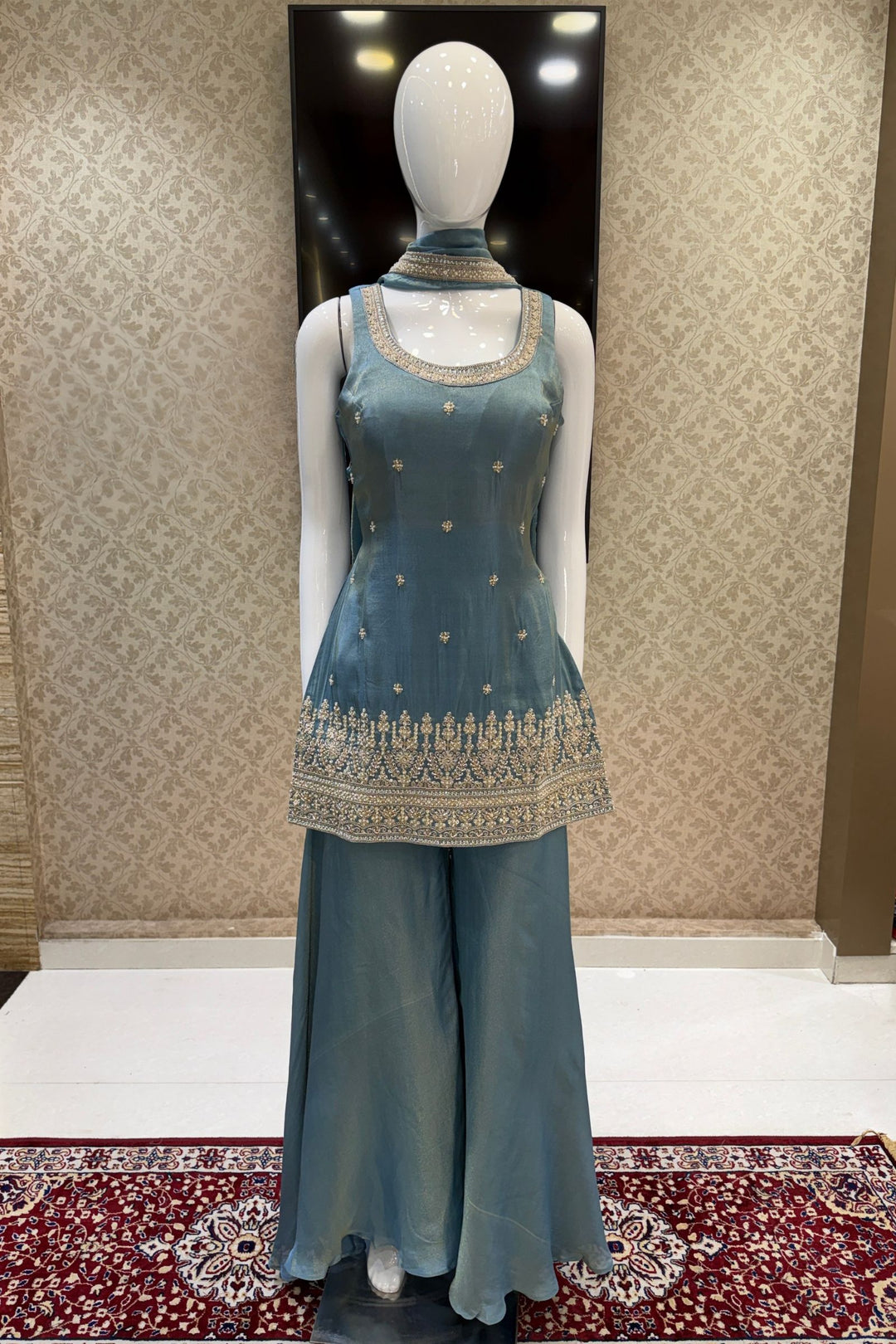 Sea Blue Beads, Zari and Sequins work Top with Flared Palazzo Set