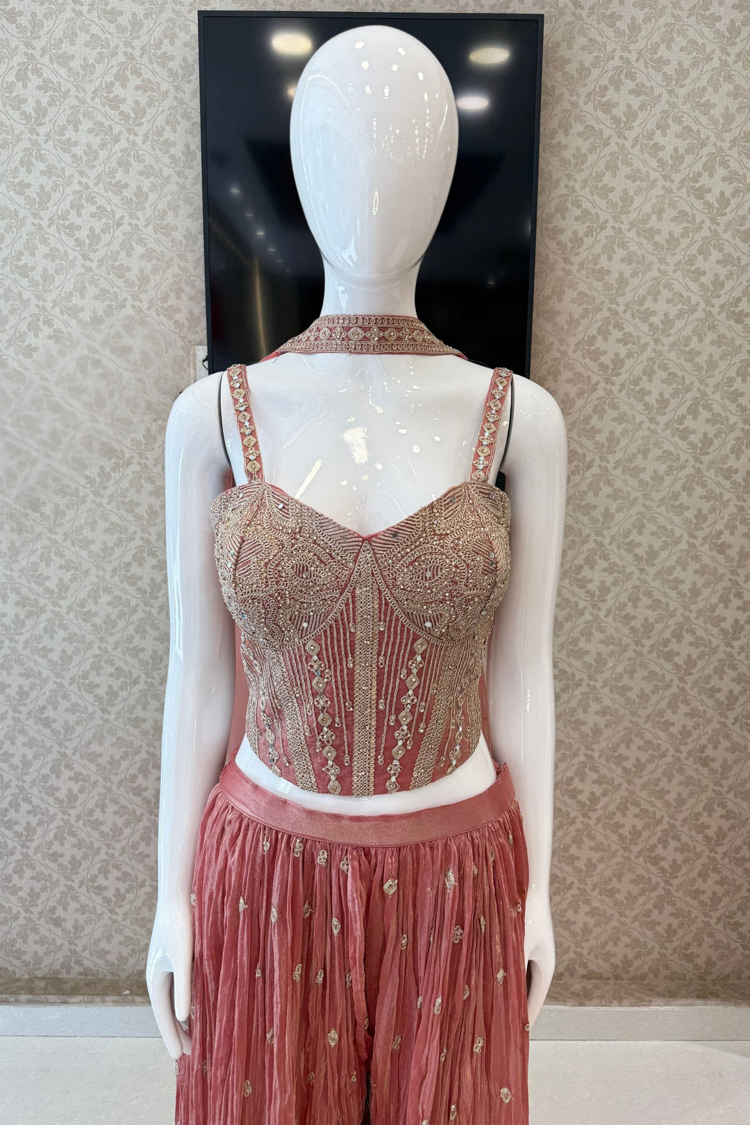 Peach Zari Thread, Mirror and Stone work Palazzo Set with Corset Top