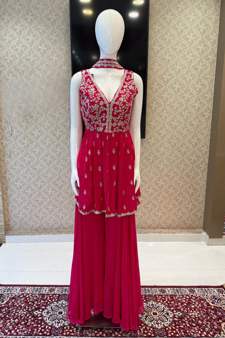 Rani Pink Flowy Palazzo with Zari, Sequins and Beads work with Choker Dupatta