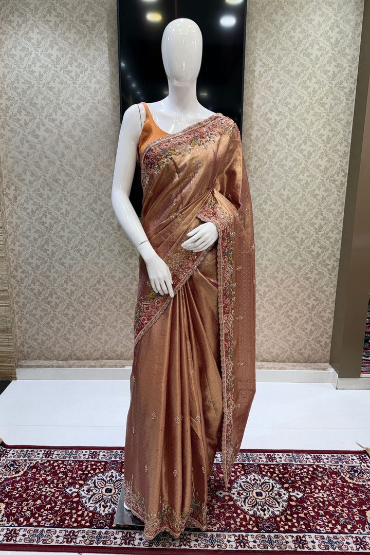 Copper Rose Gold Saree Featuring Banaras, Sequins and Beads work