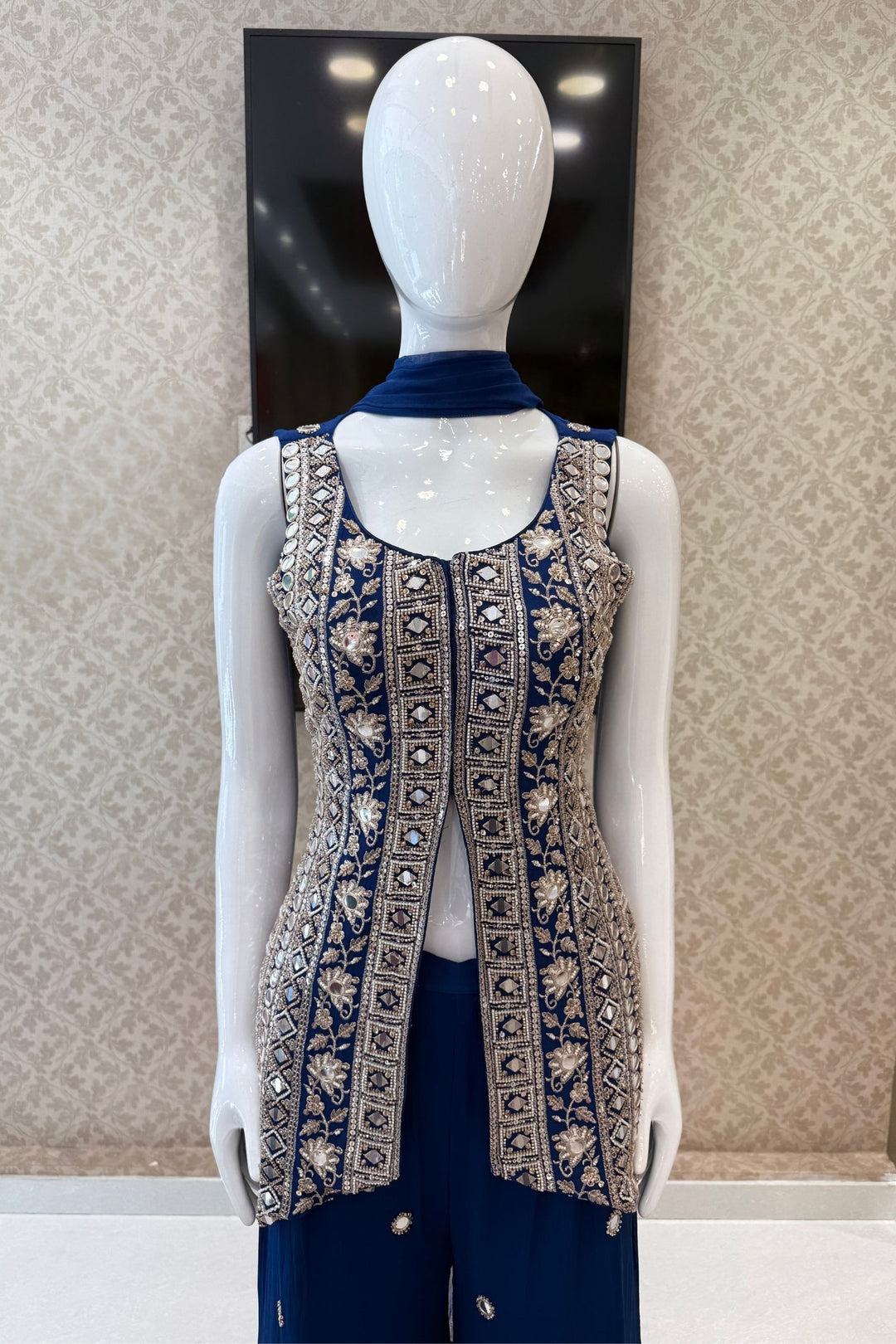 Teal Blue Mirror, Beads, Sequins and Zari work Palazzo Salwar Suit