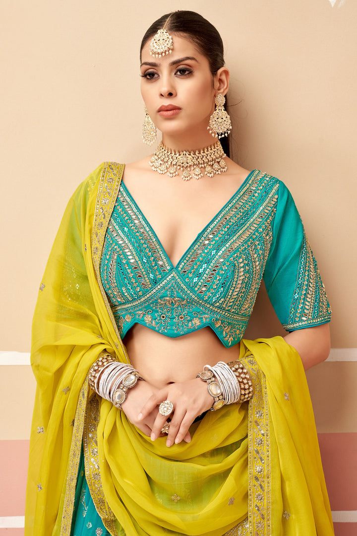 Rama Blue Sequins, Mirror, Zari, Thread and Banaras work Crop Top Lehenga