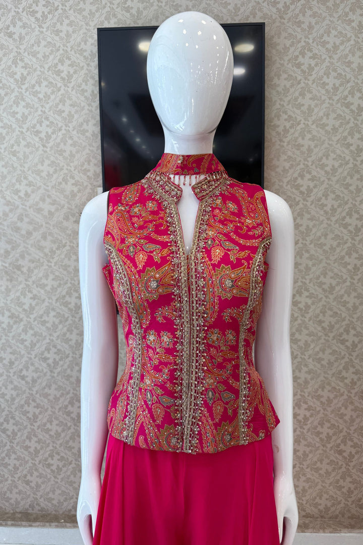 Rani Pink Palazzo Salwar Suit with Brocade, Beads, Stone and Zardozi Detailing