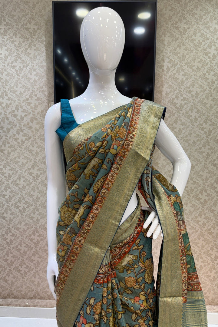Dusty Blue Saree with Traditional Kalamkari Prints and Banaras Zari Border