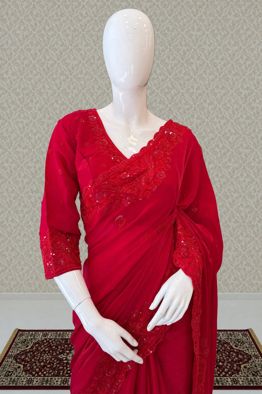 Red Beads, Thread and Sequins work Saree