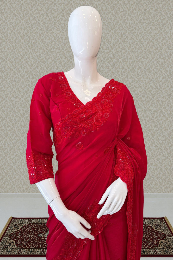 Red Beads, Thread and Sequins work Saree