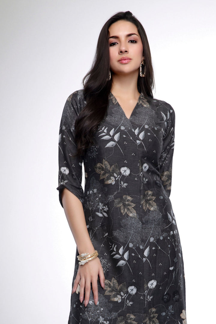 Black with Digital Print and Stone work Calf Length Kurti
