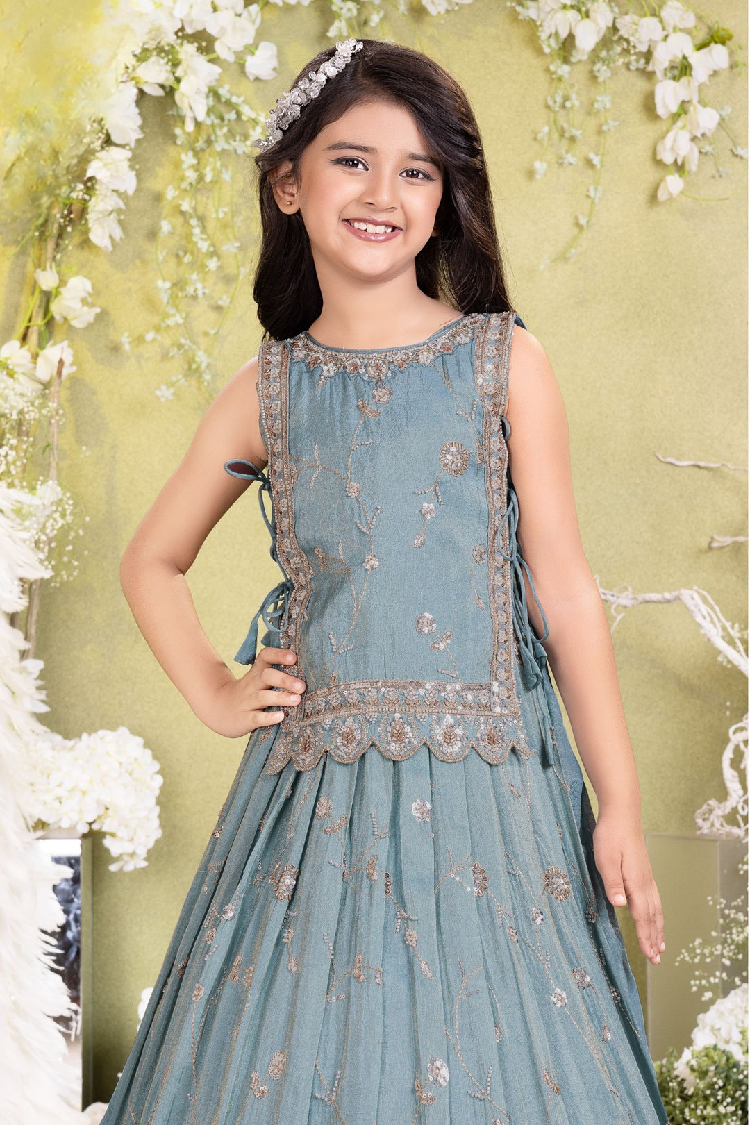 Sea Blue Beads, Sequins and Zari work Jacket Styled Long Party Gown for Girls