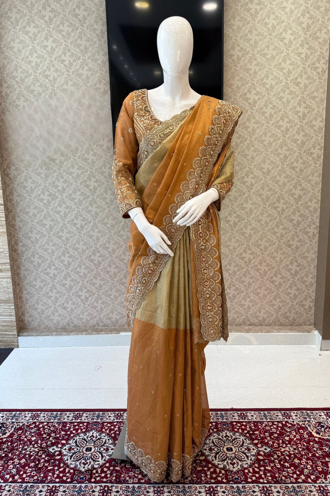Copper Gold Beads, Sequins and Pearl work Saree