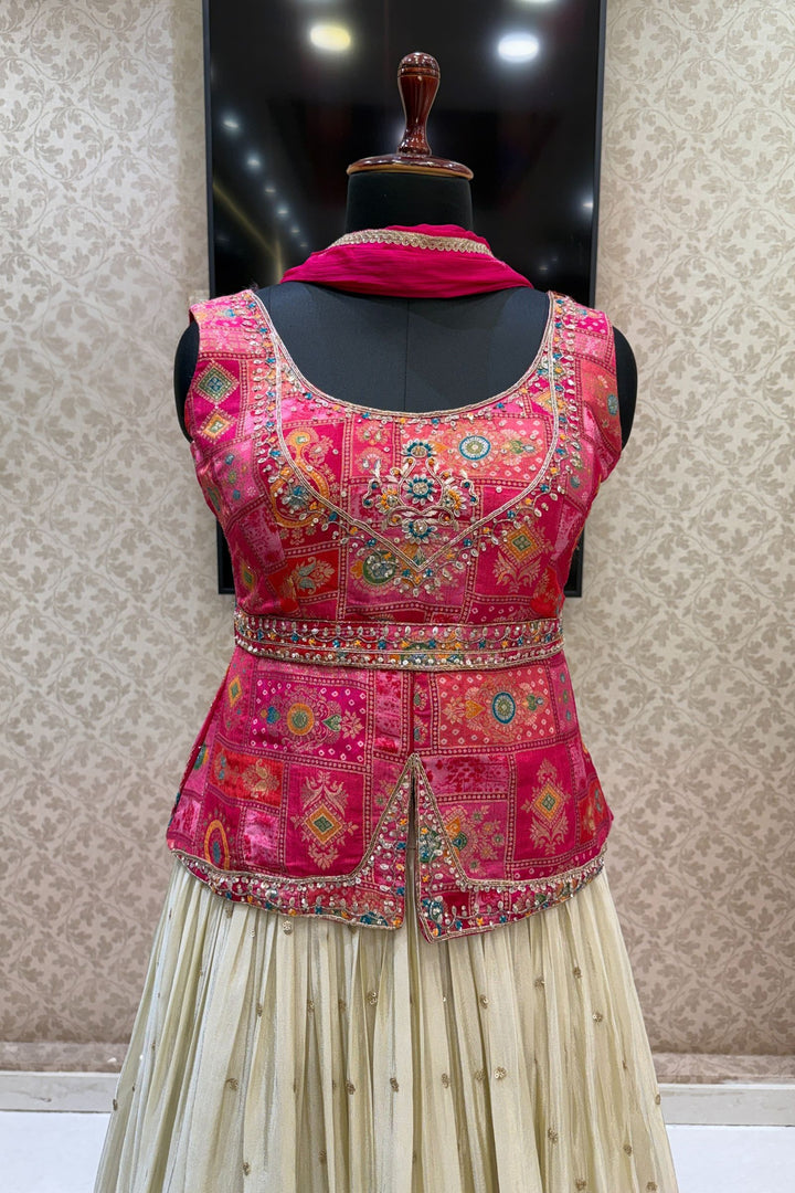 Rani Pink with Cream Banaras, Beads, Sequins, Zari and Stone work Peplum Style Lehenga