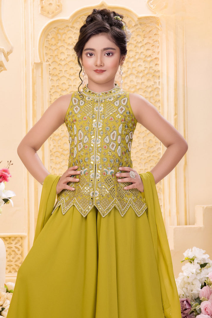 Liril Green Beads, Zari, Mirror and Sequins work Palazzo Suit Set for Girls