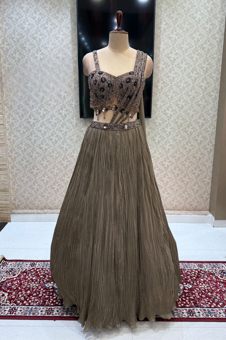 Brown Beads and Sequins work Indo-Western Style Lehenga Set