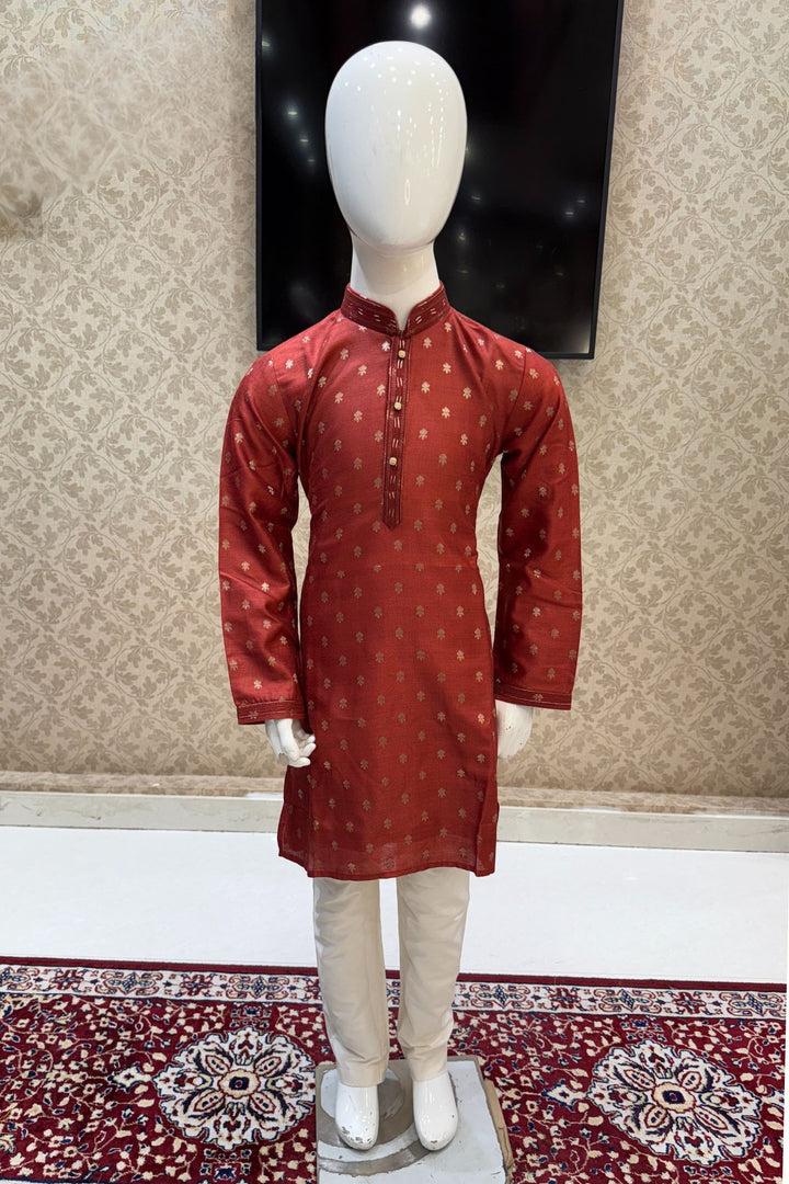 Brick Red Zari work Kurta Set for Boys