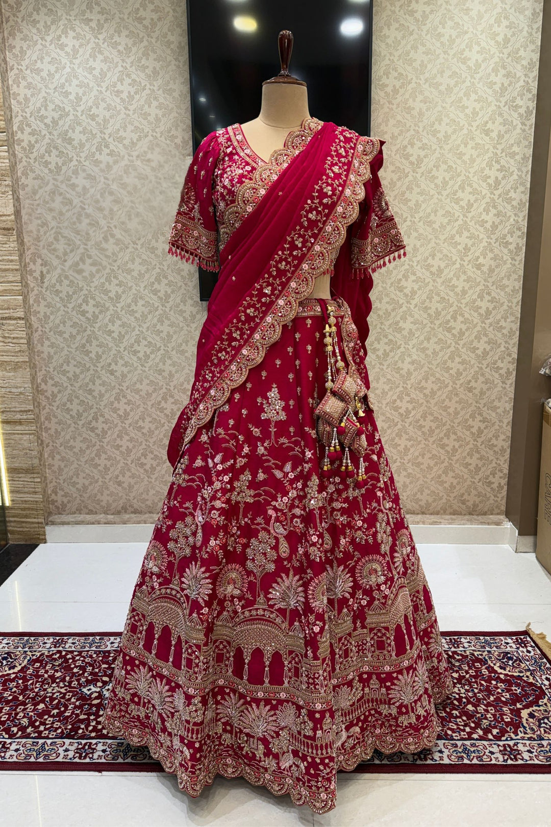 Designer Wedding Lehenga in Rani Pink with Beads, Zari and Sequins Work