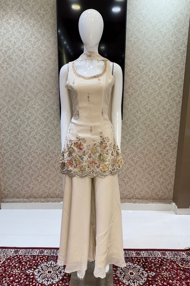 Cream Zari, Sequins, Beads and Mirror work with Floral Print Palazzo Salwar Suit