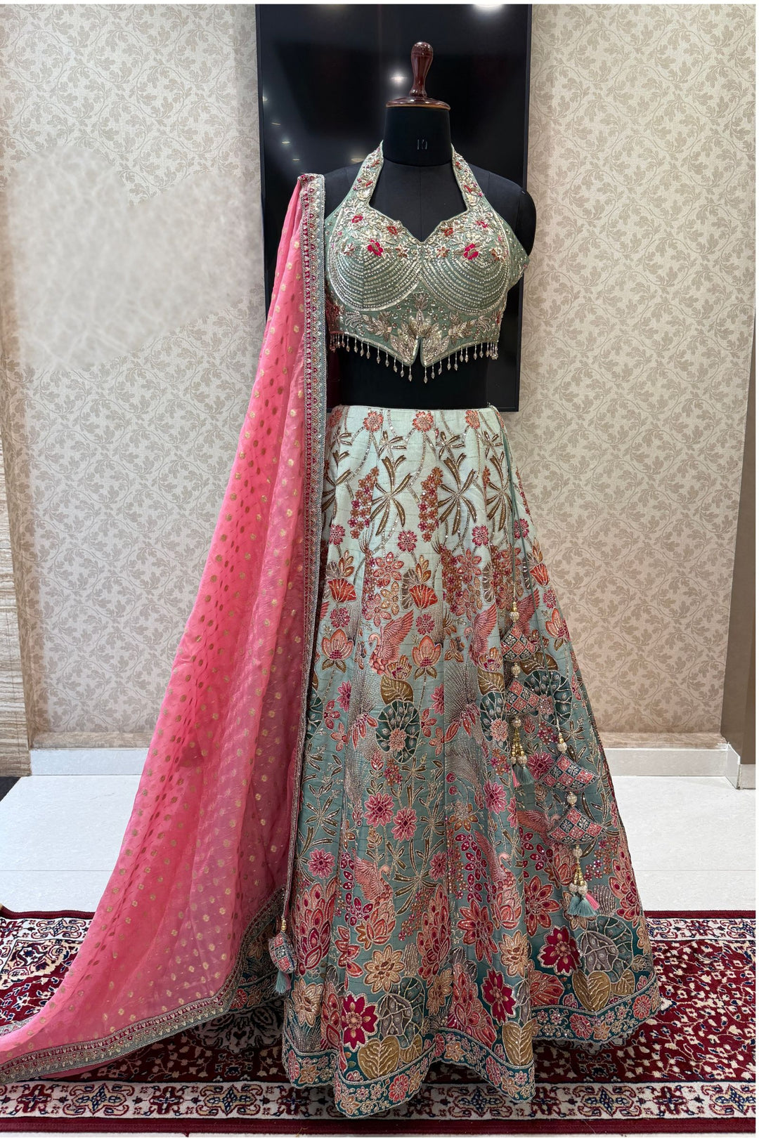 Sea Green Zardozi, Sequins, Beads, Thread and Zari work with Halter Neck Lehenga