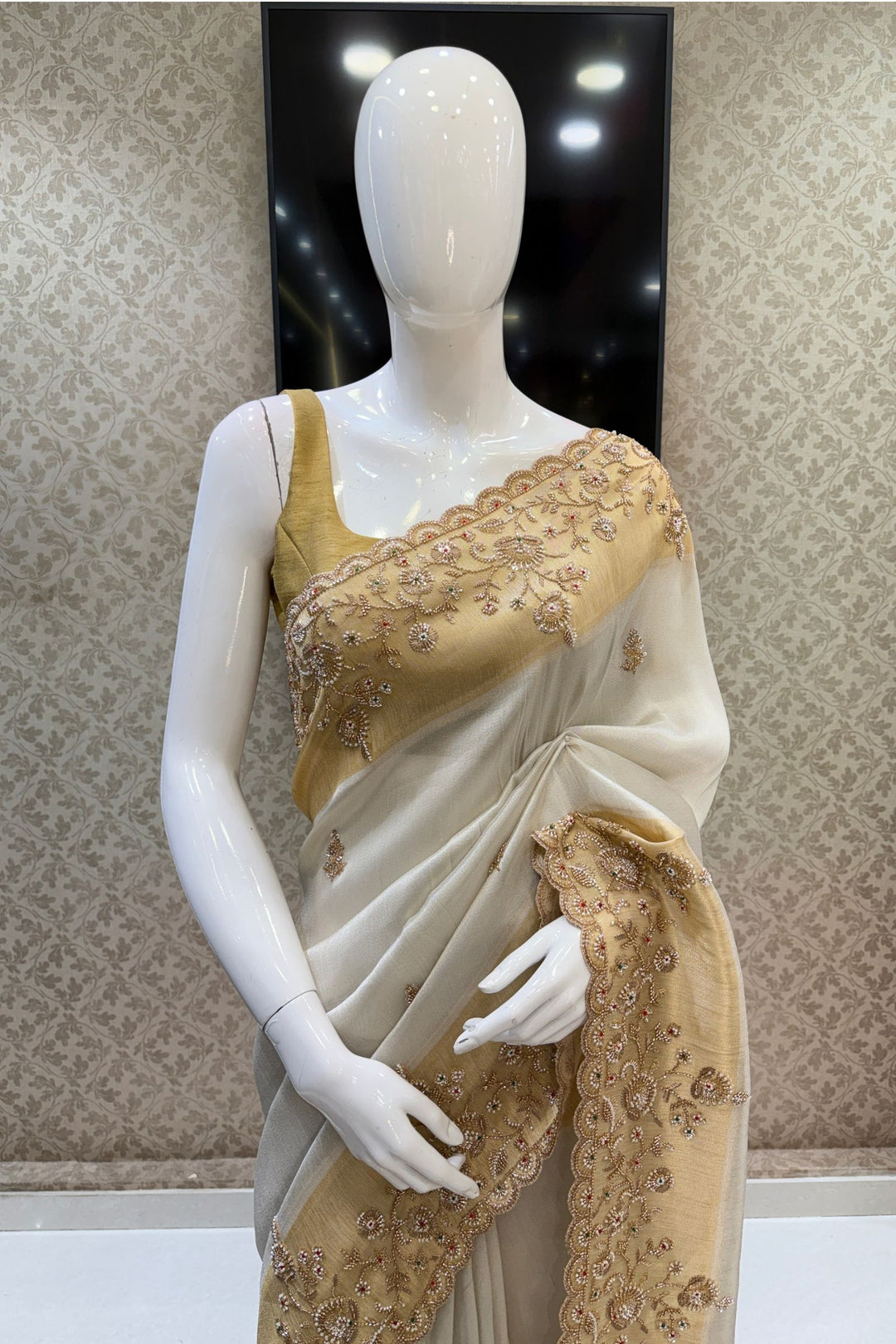 Cream Beads and Zari work Saree