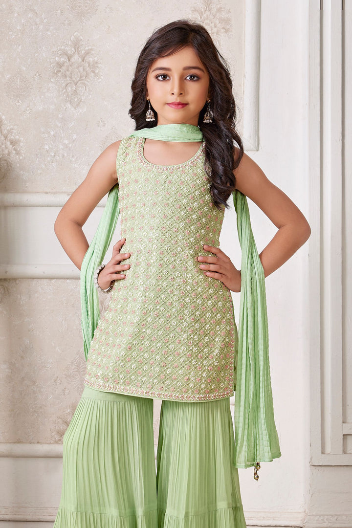 Green Beads, Sequins and Thread work Sharara Suit Set for Girls