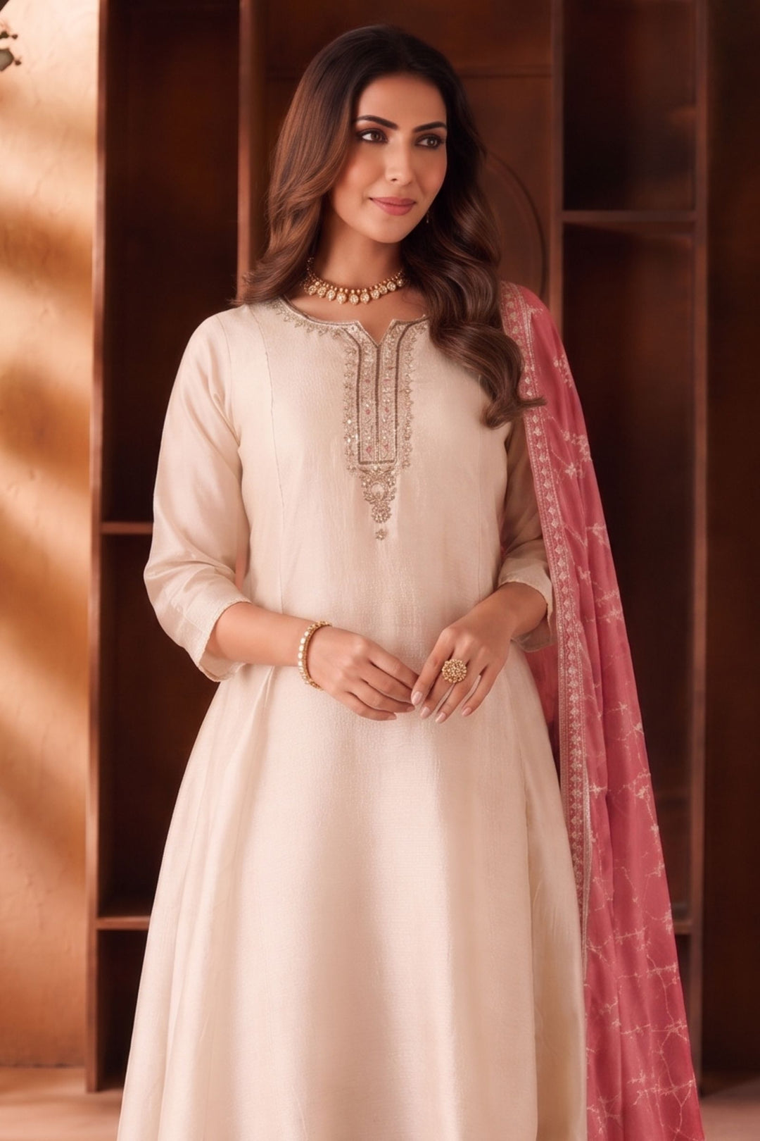 Beige Beads, Mirror, Zardozi, Zari and Sequins work A-line Cut Anarkali Styled Salwar Suit