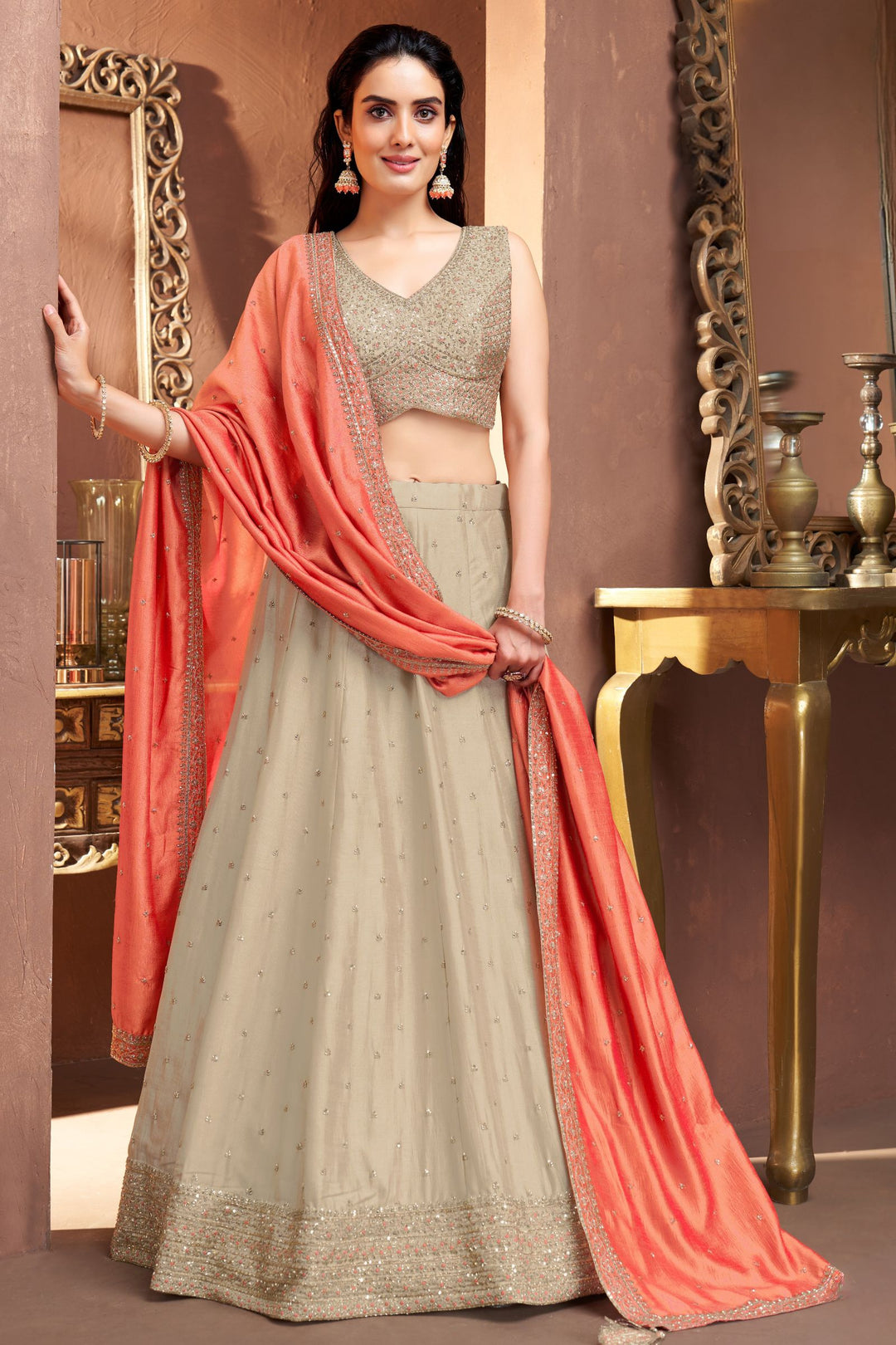 Beige Beads, Thread and Sequins work Lehenga