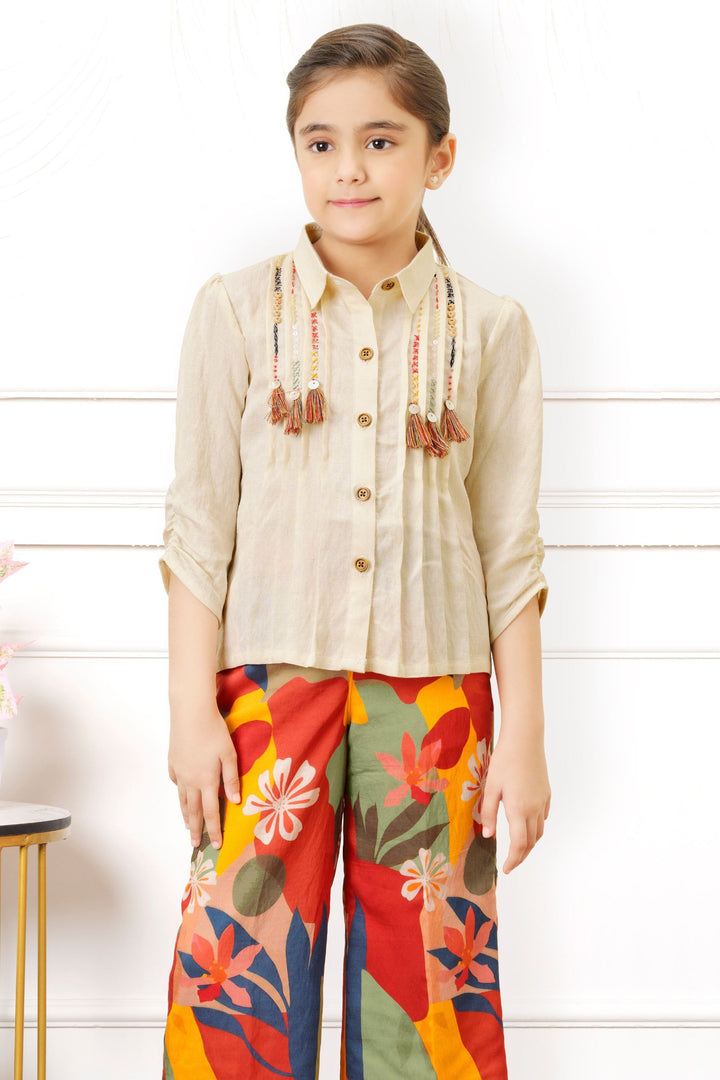 Cream Thread work with Multicolor Digital Print Palazzo Set for Girls