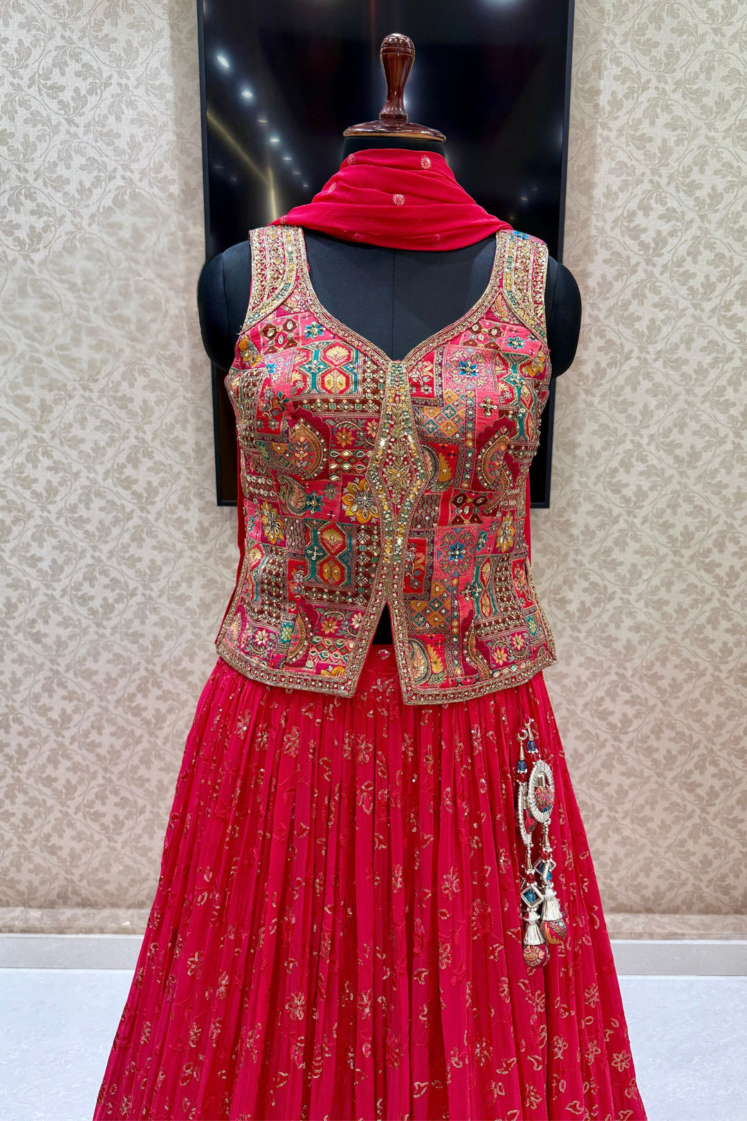 Rani Pink Zardozi, Beads, Mirror, Stone, Zari and Beads work Peplum Style Lehenga