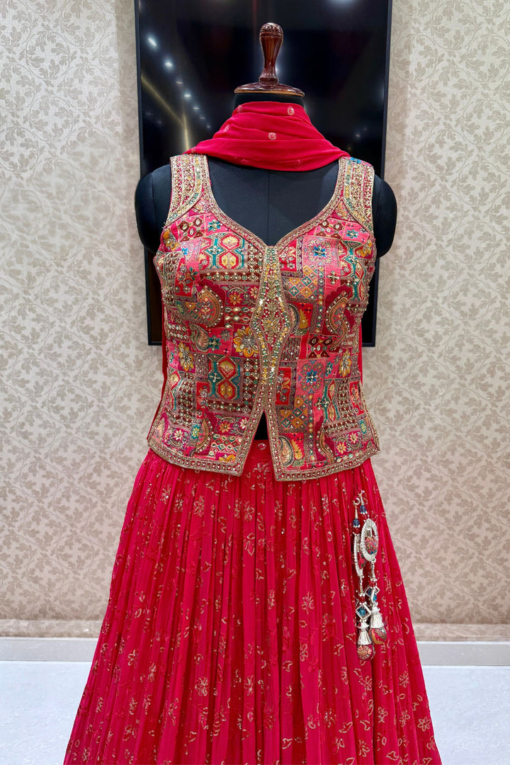 Rani Pink Zardozi, Beads, Mirror, Stone, Zari and Beads work Peplum Style Lehenga