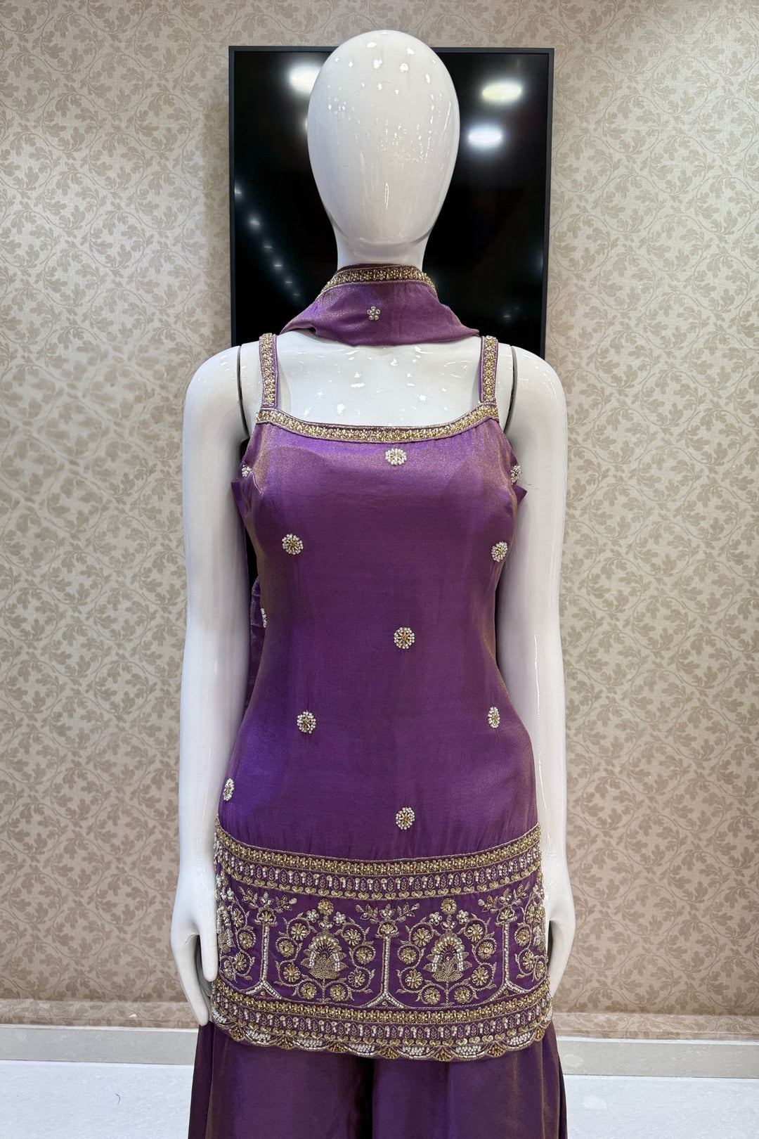 Purple Beads, Sequins and Zari work Palazzo Salwar Suit