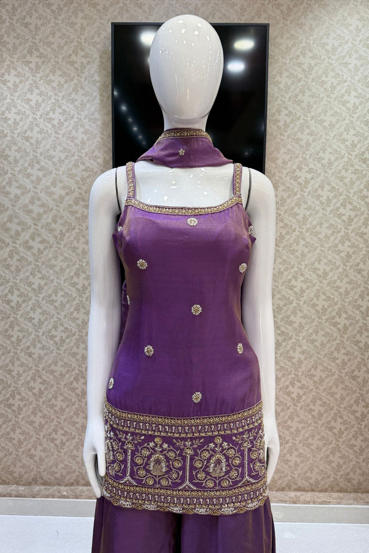 Purple Beads, Sequins and Zari work Palazzo Salwar Suit