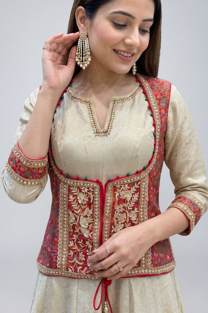Beige Zardozi and Banaraswork Anarkali Style with jacket Salwar Suit with Palazzo Pant