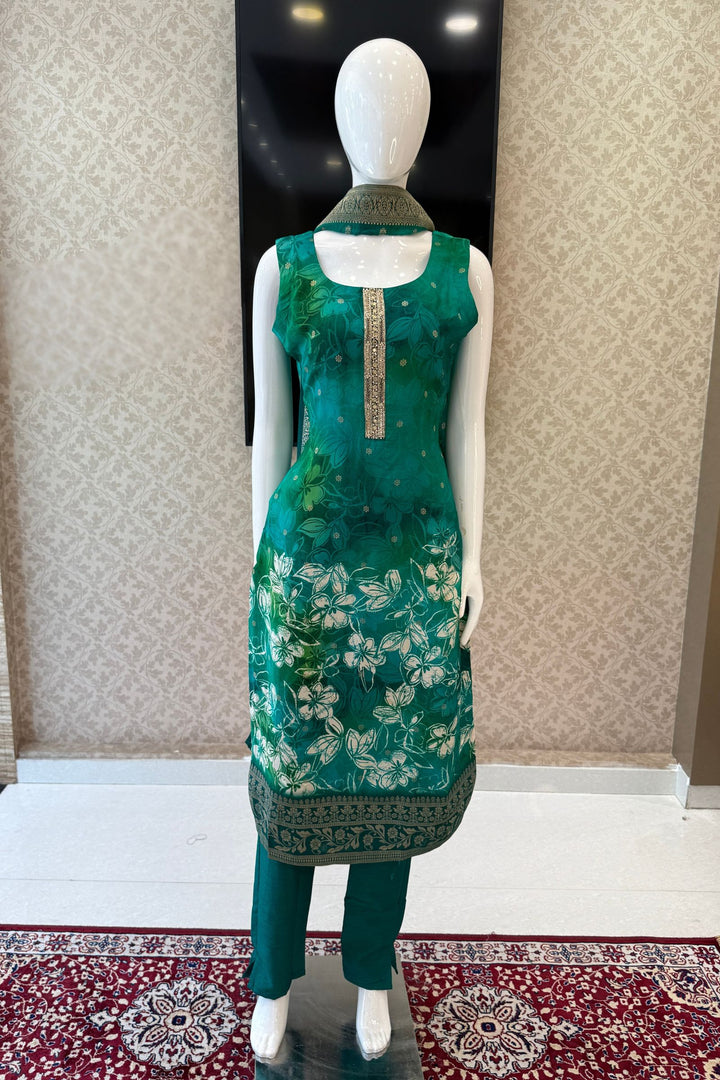 Green Banaras, Beads, Zardozi and Stone work with Floral Print Straight Cut Salwar Suit